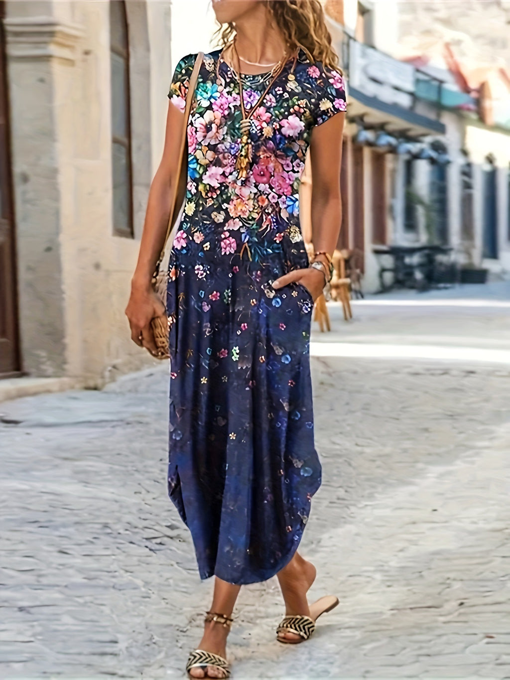 Women's Floral Print Short Sleeve Maxi Dress With Pockets Casual Round Neck Loose Fit Long Dress For Summer by Ricaloux
