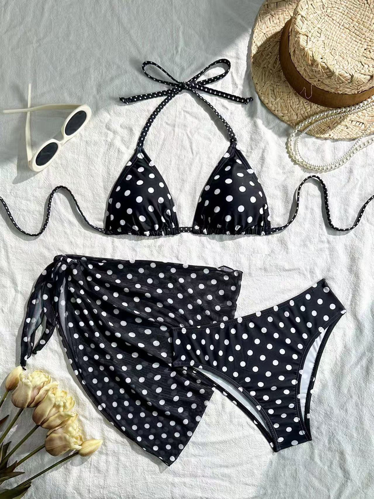Polka-dot Halter Bikini Three-piece Set, Vintage Style by Ricaloux