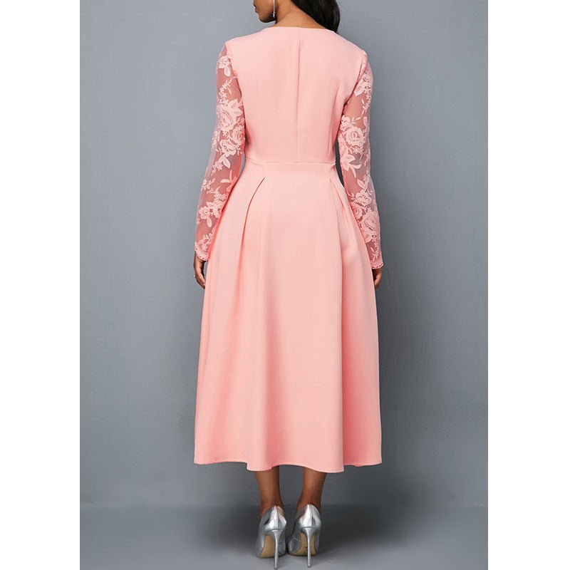 Fashionable Round Neck Lace Women's Dress High Waist Long Sleeves Printed Mid-length Dress - RICALOUX