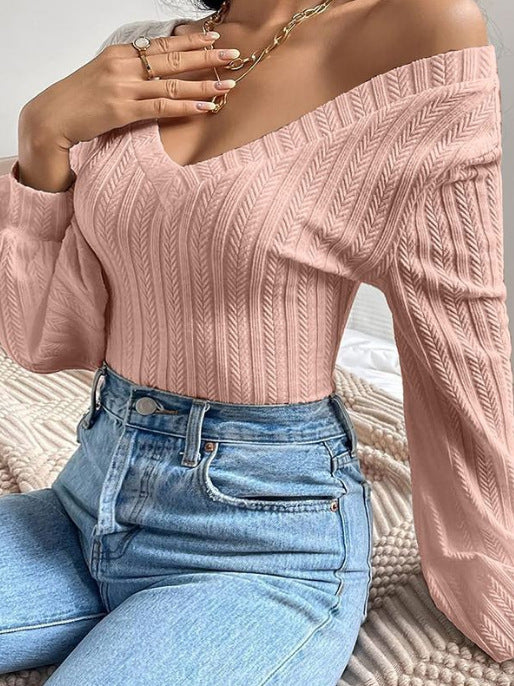 Womens Casual Knitted V-neck Long-sleeve Top – Premium 0 | RICALOUX