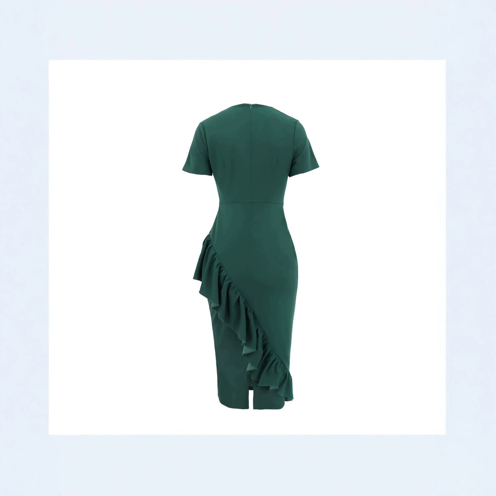 Womens Casual And Elegant Short-sleeve V-neck A-line Dress With Ruffled Hem And Buttons by Ricaloux
