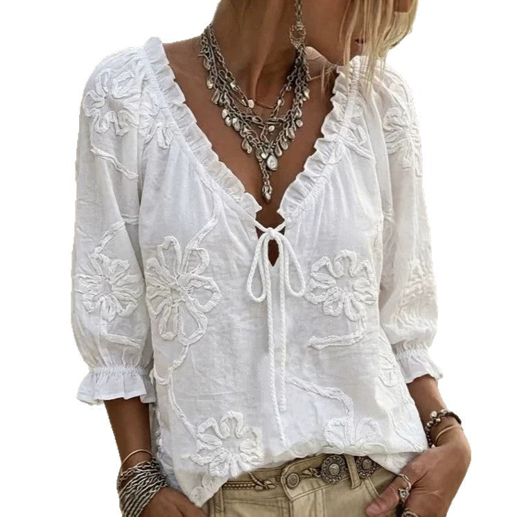 Embroidered Jacquard Ruffle-Trimmed Drawstring V-Neck Top by Ricaloux