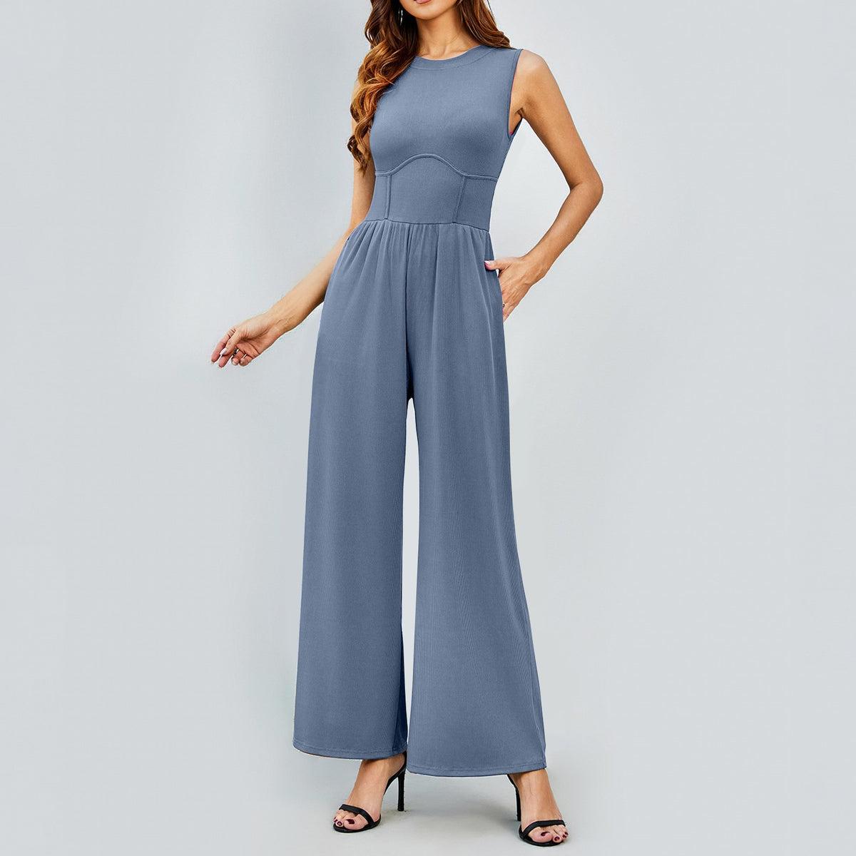 Womens Round-neck Solid-color Sleeveless Slim-fit Long Casual Jumpsuit – Premium 0 | RICALOUX