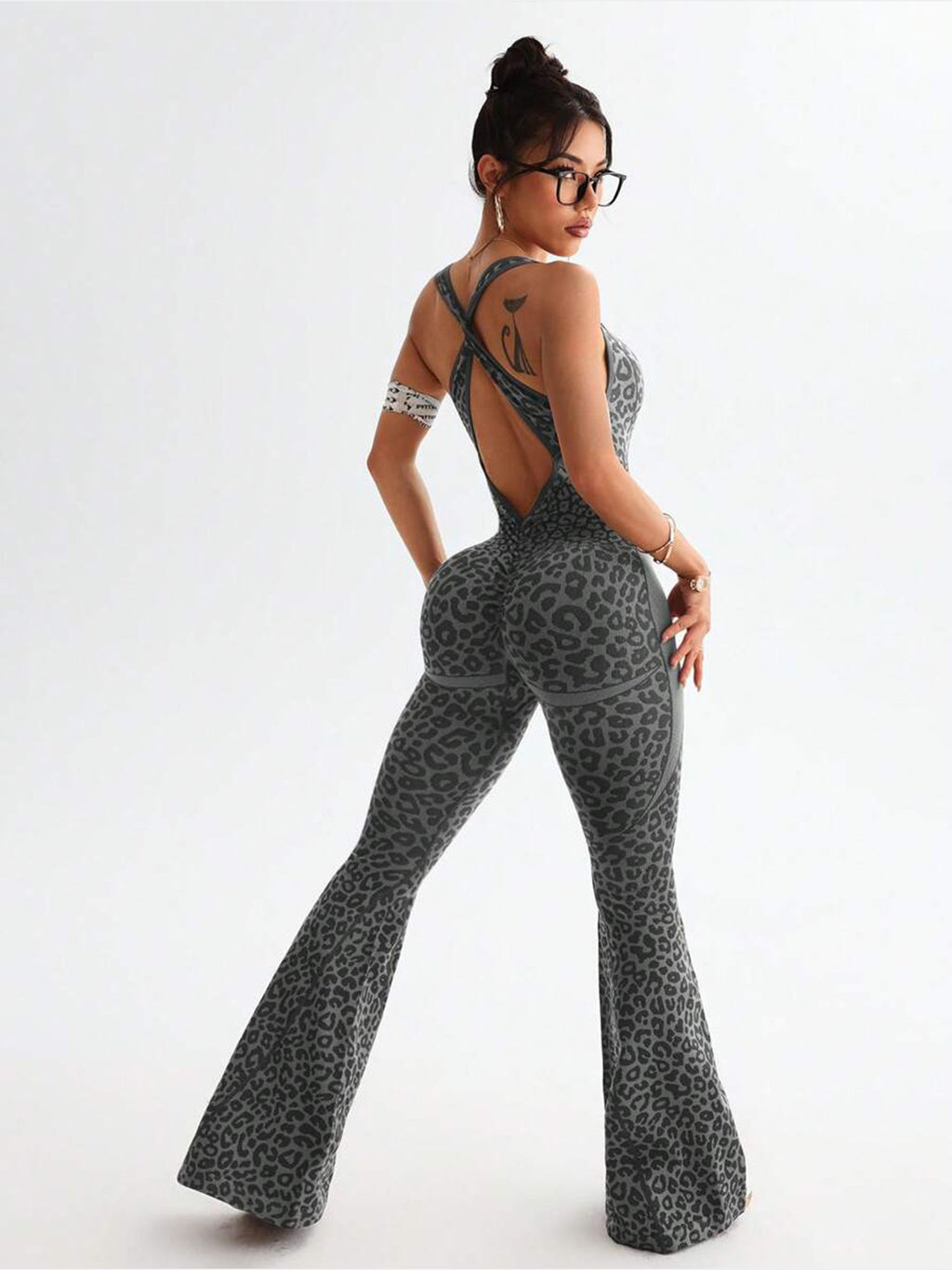 Women's Leopard Print Crisscross Back Seamless One-Piece Yoga Jumpsuit For Fitness & Sports by Ricaloux