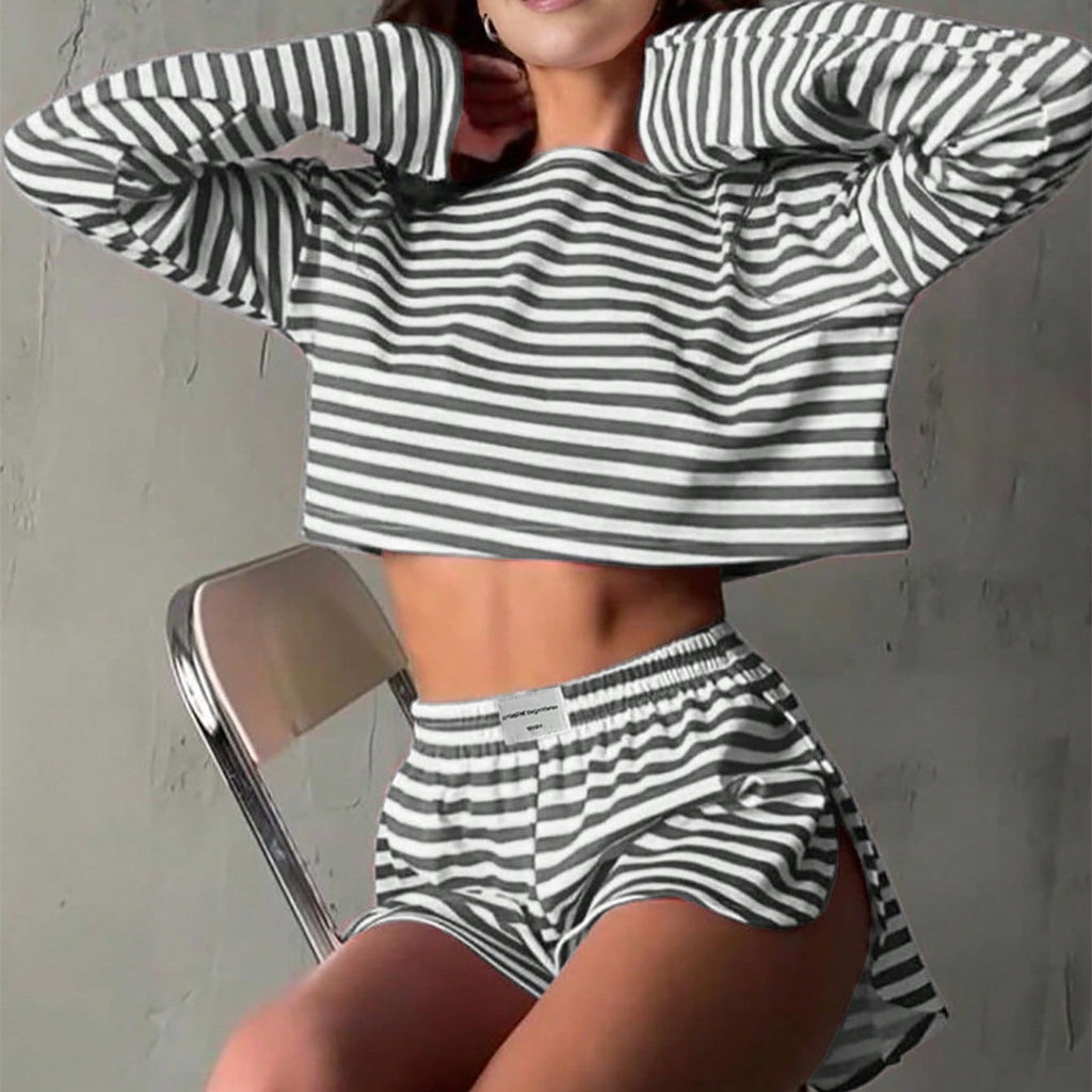 Comfortable And Stylish Knitted Striped Long-sleeve Pajama Set With Shorts by Ricaloux