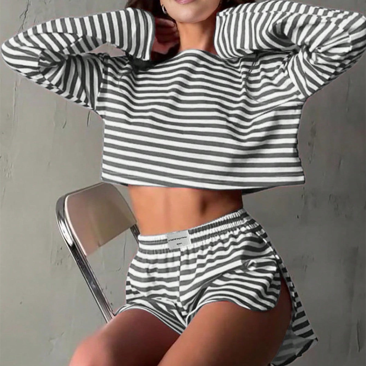 Comfortable And Stylish Knitted Striped Long-sleeve Pajama Set With Shorts by Ricaloux