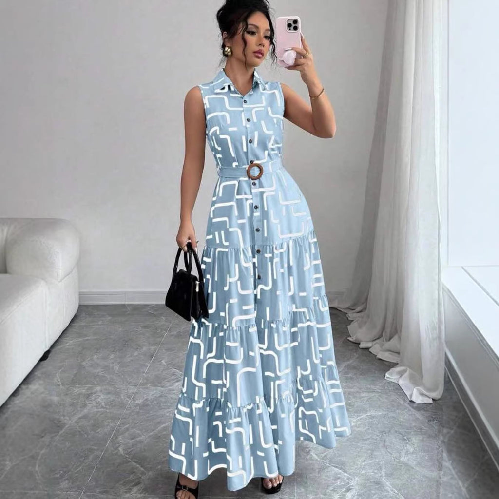 Printed-button Sleeveless Lace-up Shirt-collar Dress by Ricaloux