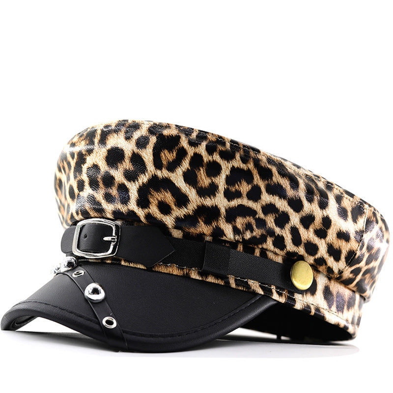 Lady Leopard-print PU Leather Bold Stud Belt Design Beret With Retro British Style Metal Fastener, Unique Edgy Girl Punk Hat, Street Style Versatile Hat by Ricaloux