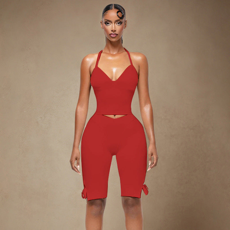 Womens Halterneck Strapless Tube Top And Bow-Knot Pants Solid-Color Set by Ricaloux