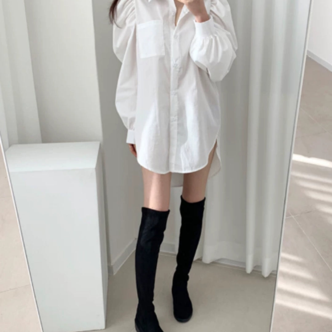 Loose Mid To Long Pleated Design Bubble Sleeve Shirt For Women by Ricaloux