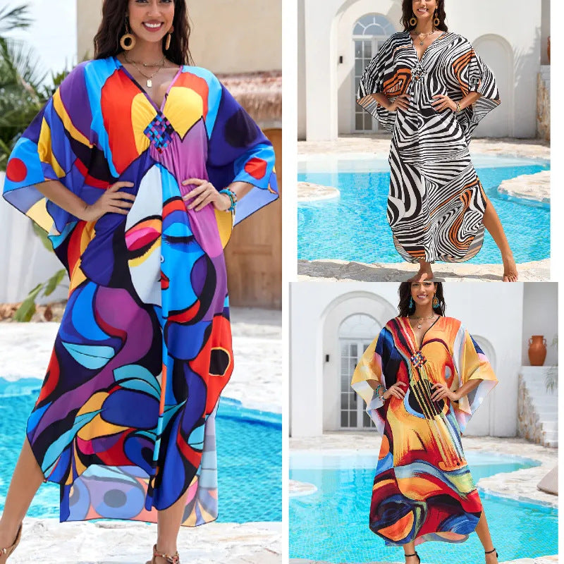 Printed Beach Cover-up Hand-knitted V-neck Plus-size Dress – Premium 0 | RICALOUX