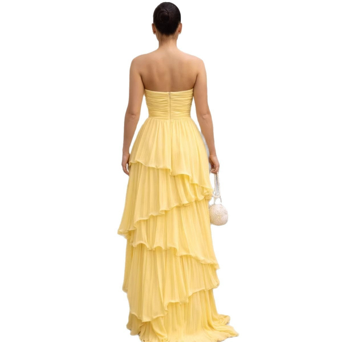 Solid-color Strapless Waist-cinching Tiered Pleated Dress by Ricaloux