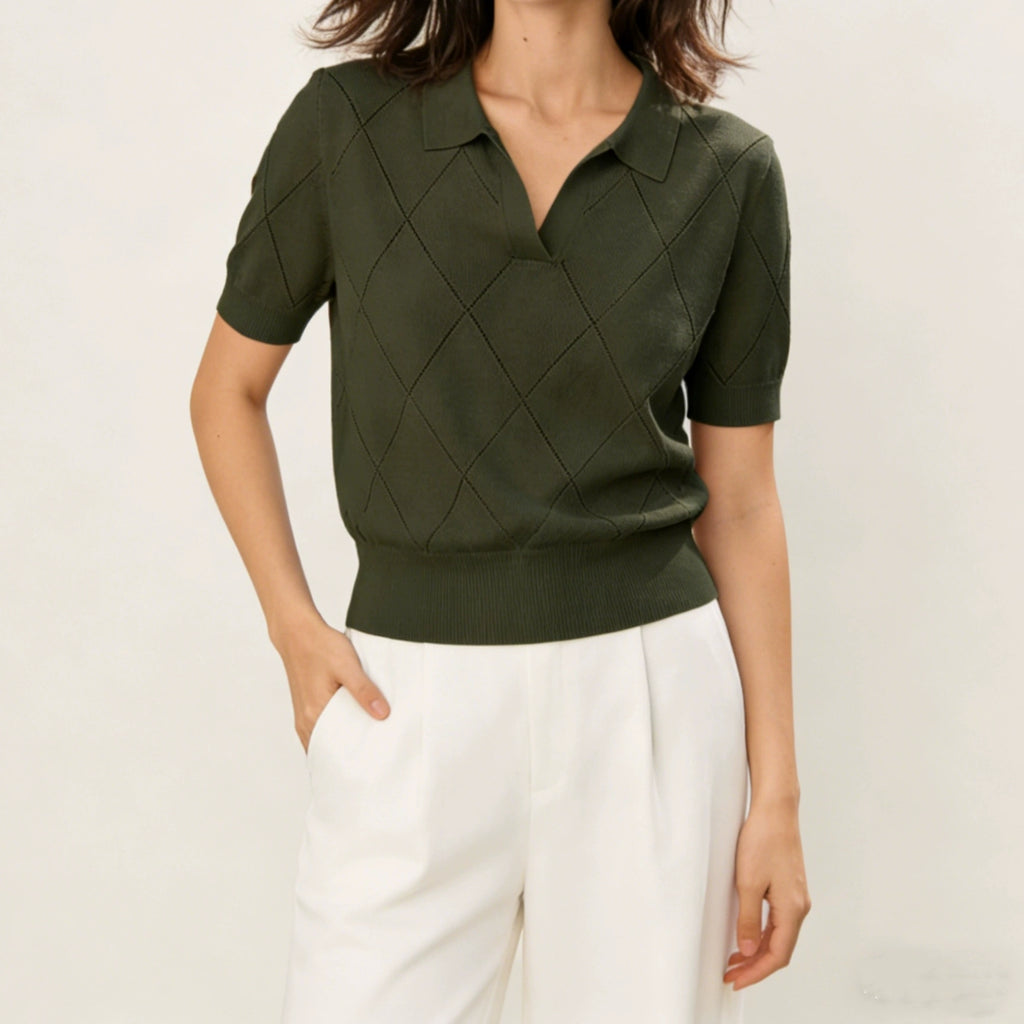 Women's Lightweight Summer Knitwear, Flared Collar Polo-Neck Short Sleeve Military Green Waist-Cinching Slim Fit Office-Ready Versatile Top – Premium 4 | RICALOUX