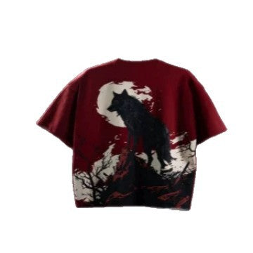 American-style High-street Wine-red Drop-shoulder T-shirt by Ricaloux