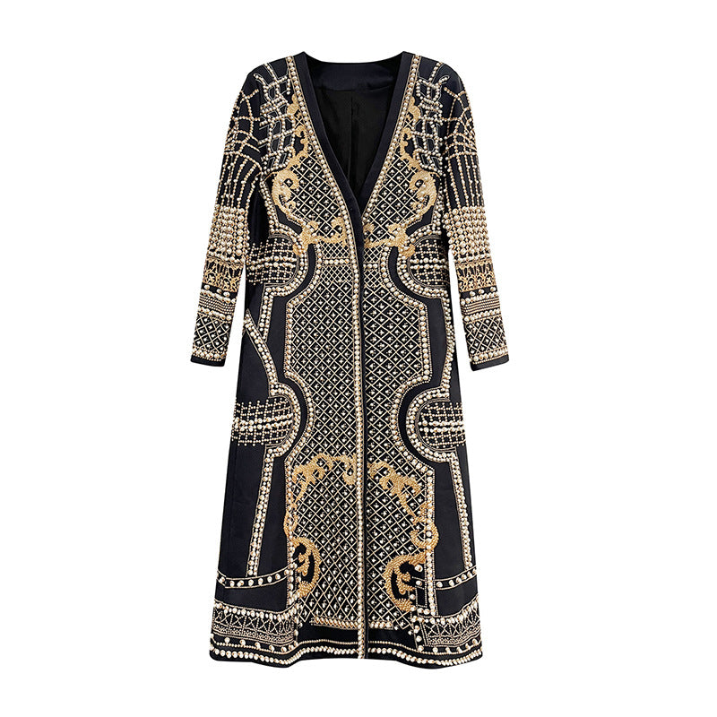 Womens Long Suit-Style Trench Coat With Floral Print And Beading by Ricaloux