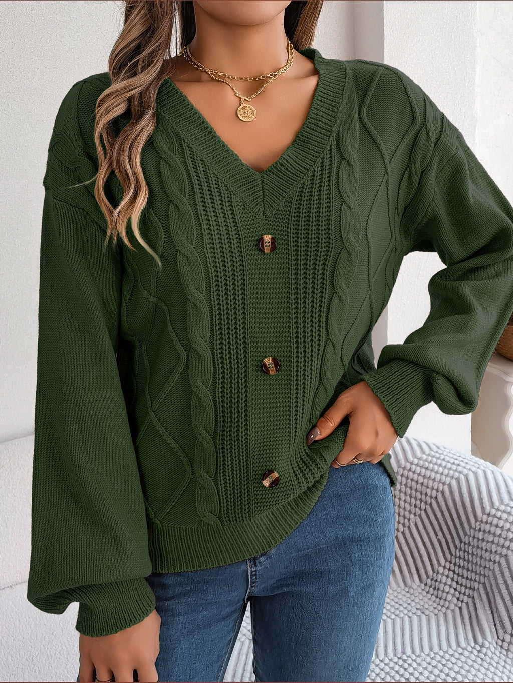Solid-color V-neck Buttoned Cable-knit Puff-sleeve Pullover Sweater by Ricaloux