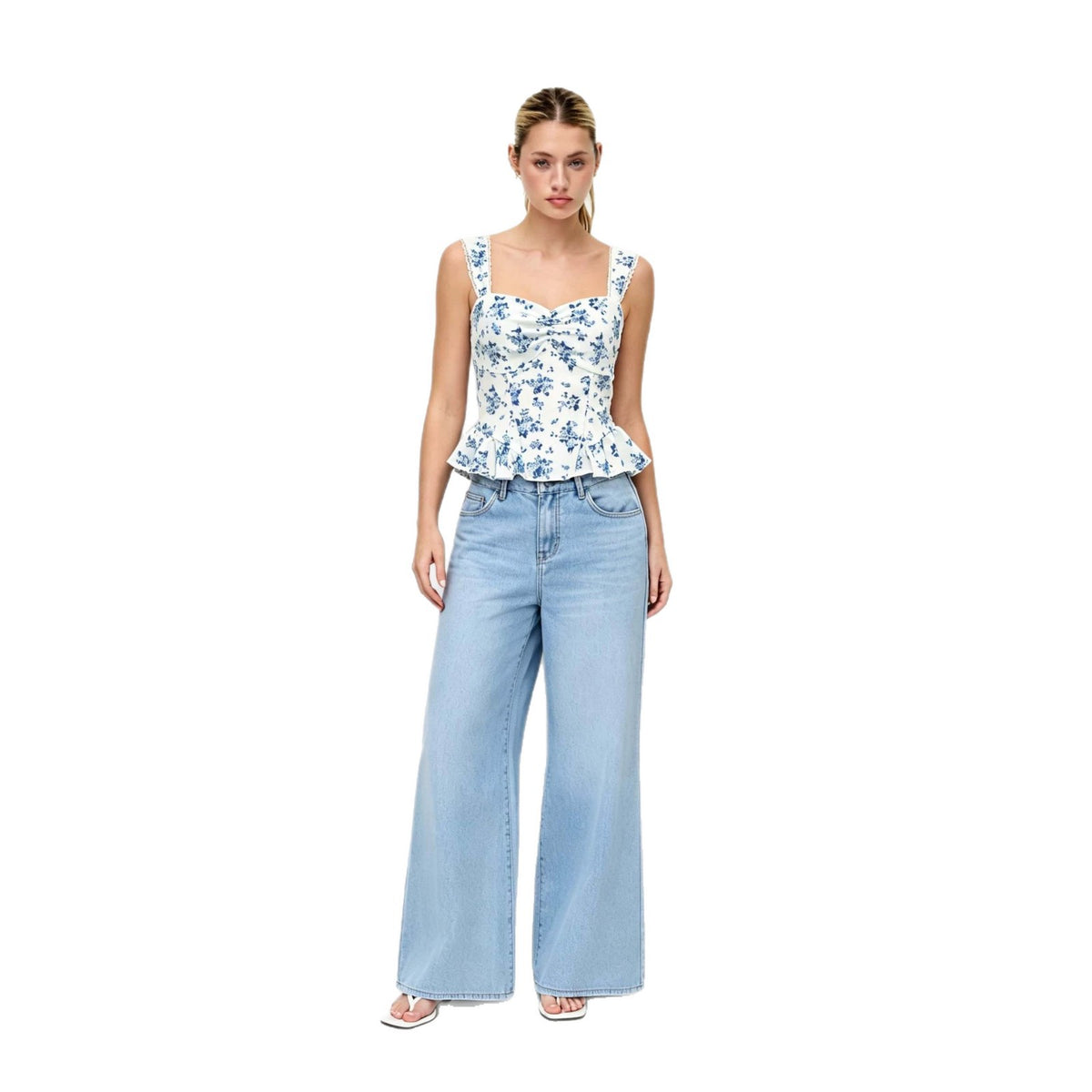 Summer New White-base Top With Blue Floral Print Strapless Style by Ricaloux