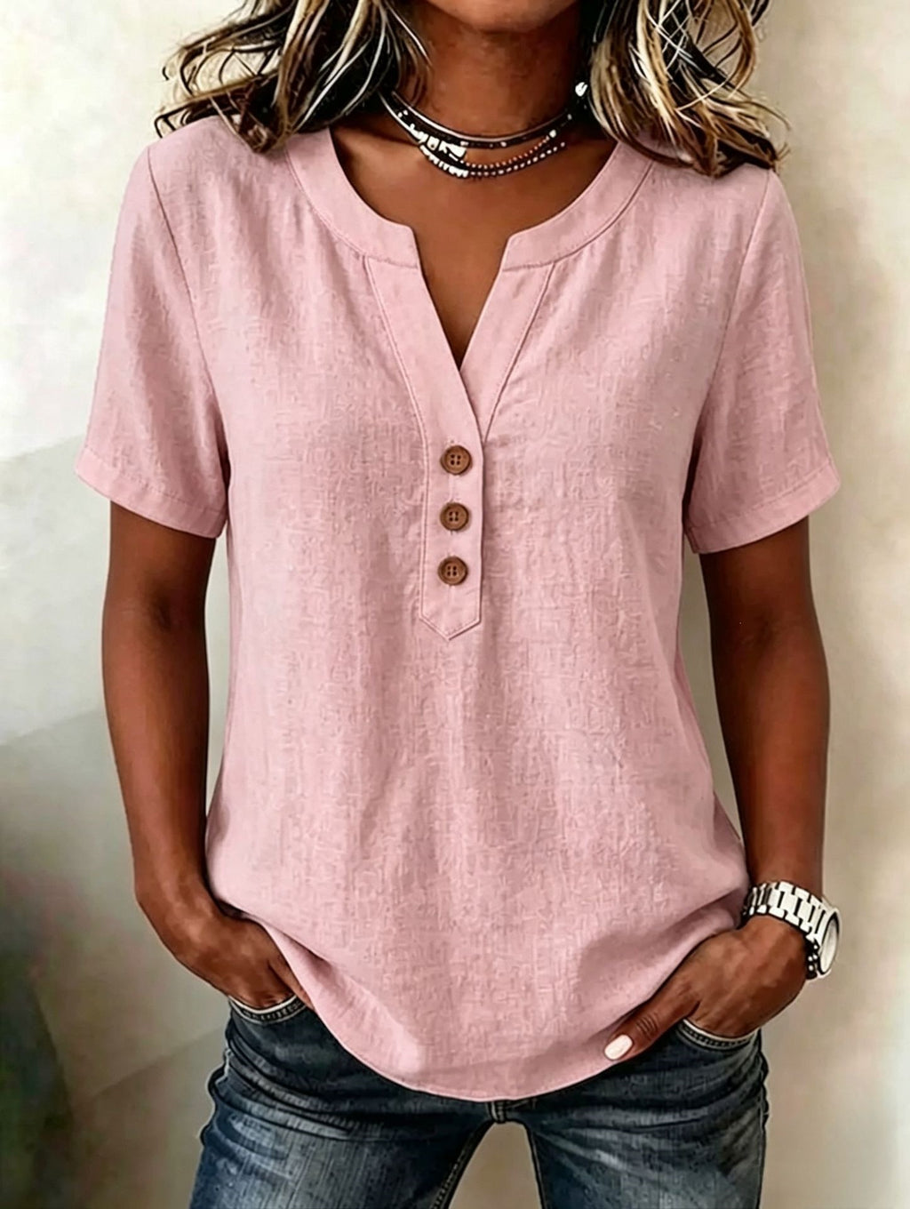 Casual Loose-fit Cotton-linen V-neck Button-up Top by Ricaloux
