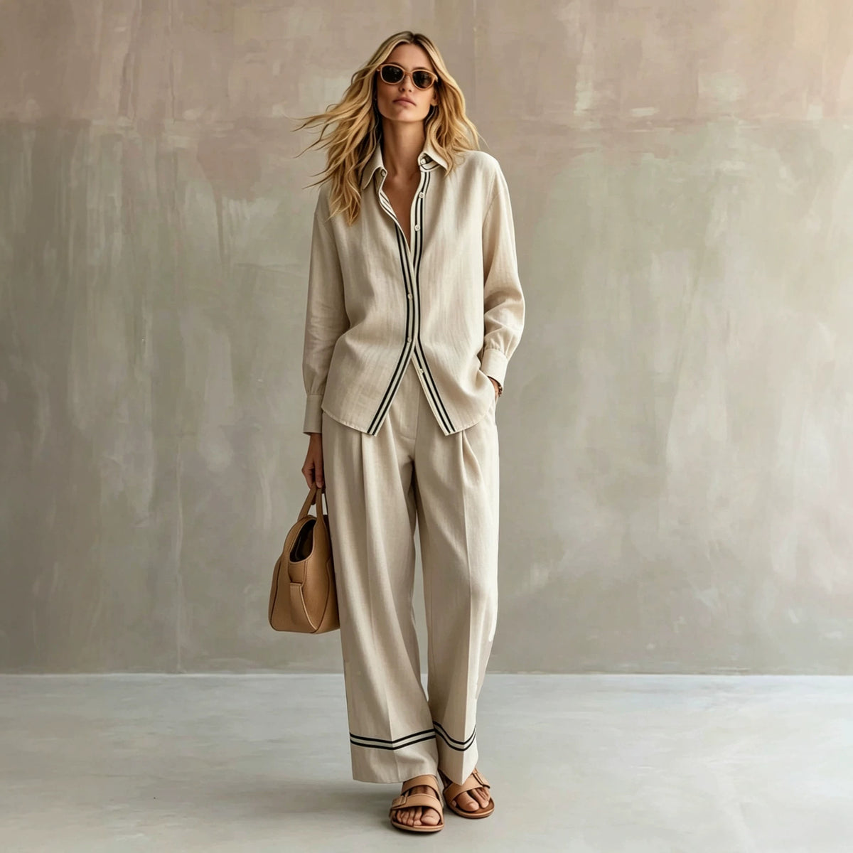 Womens Retro Striped Two-Piece Shirt Set by Ricaloux