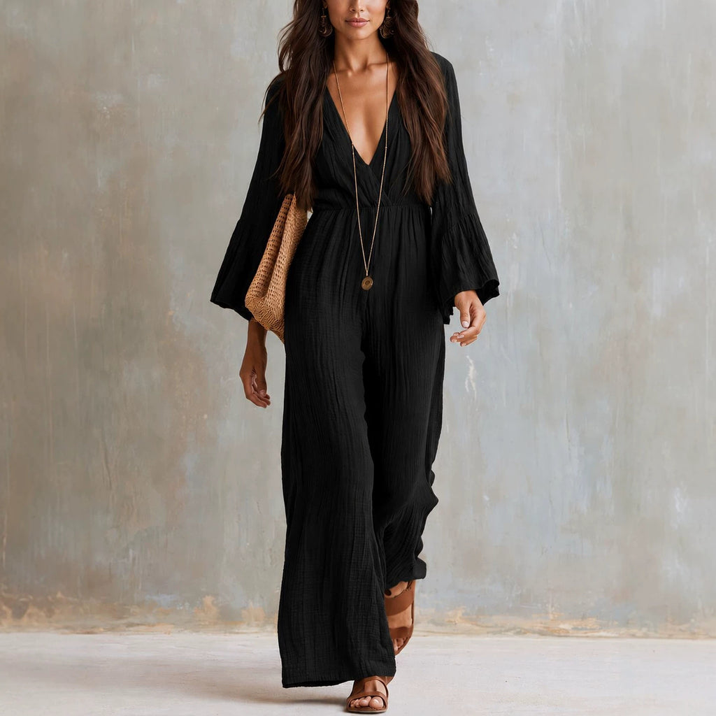 Womens Long-sleeve V-neck Bohemian-style Elastic-waist Jumpsuit by Ricaloux