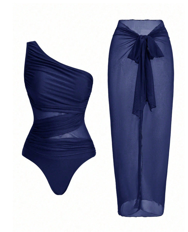 Mesh One-piece Swimsuit For Women European And American Style Tummy Covering And Figureflattering With A Wrap Skirt – Premium 0 | RICALOUX