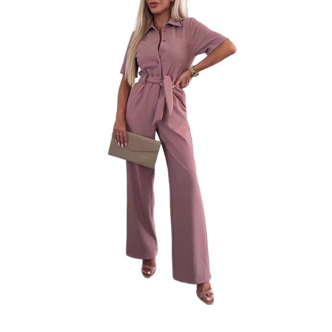 Womens Shirt-collar Short-sleeved Tie-detail Jumpsuit by Ricaloux