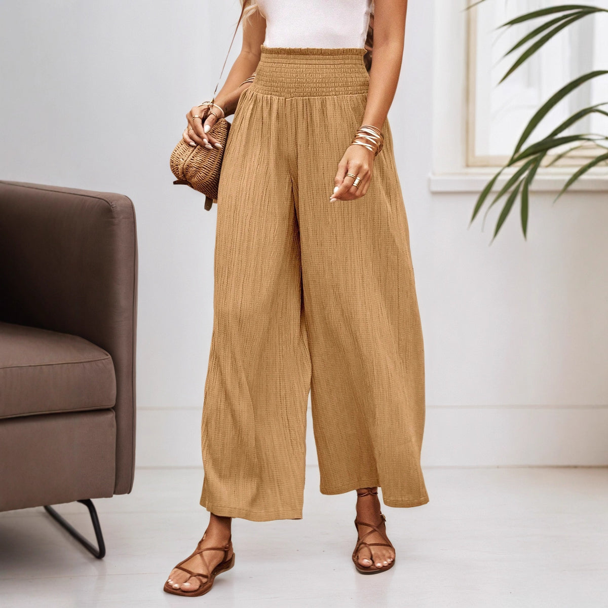Womens Solid Color High Waisted Casual Loose Fitting Wide Leg Pants by Ricaloux
