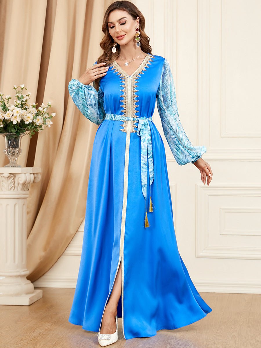 Patchwork Puff Sleeve Long Sleeve Arabic Dress - RICALOUX
