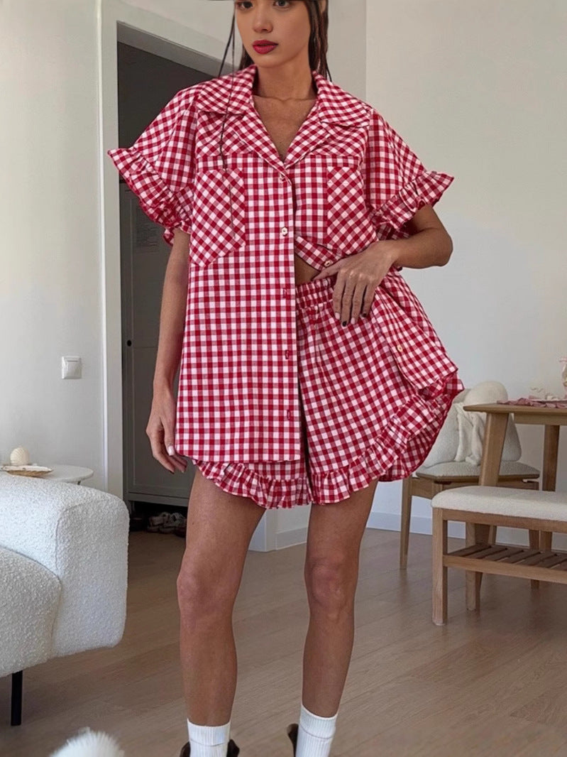 Ruffled Plaid Shirt And High-waisted Shorts Set – Premium 4 | RICALOUX