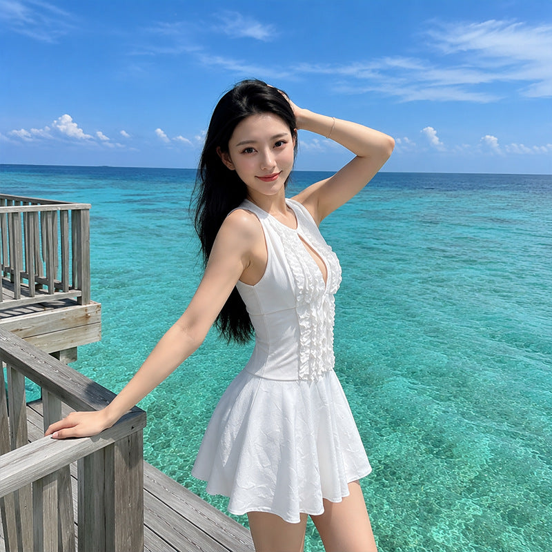 Sleeveless Hollowed-Out Casual Ruffled-Trim Swimsuit For Women by Ricaloux
