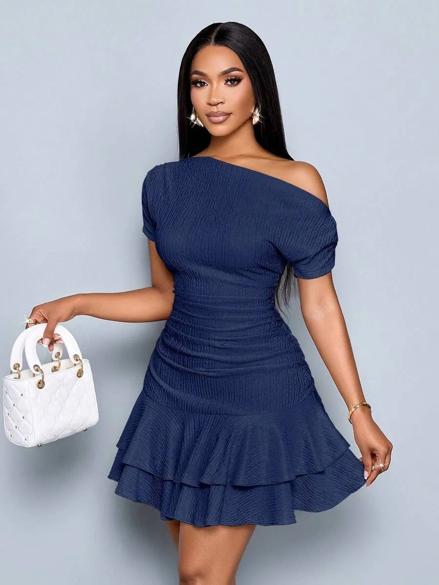 Summer Asymmetrical One Shoulder Short Sleeve Ruched Bodycon Ruffle Mini Dress - Sexy Solid Color Club Dress, Multiple Colors Available by Ricaloux