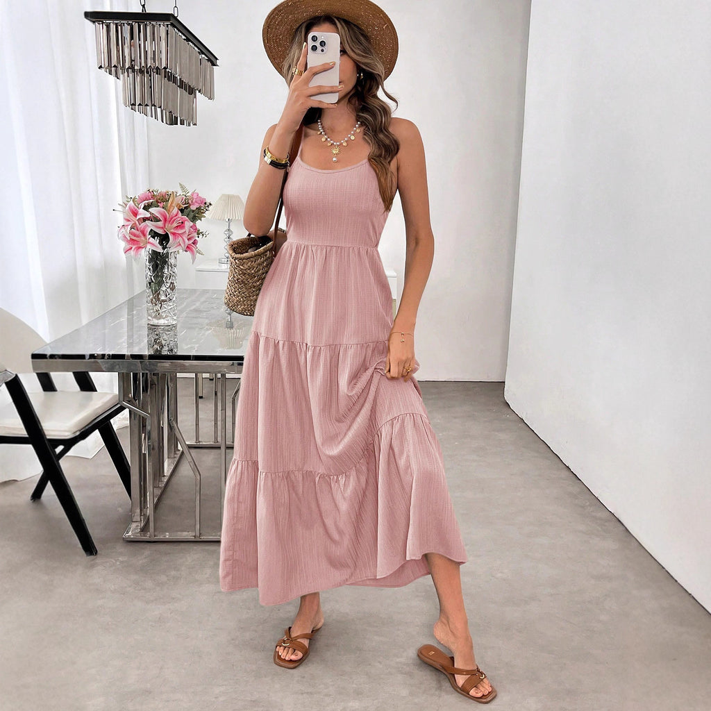 Backless Spaghetti-strap Tiered Maxi Dress With A Tie And A Large Bow At The Waist - RICALOUX
