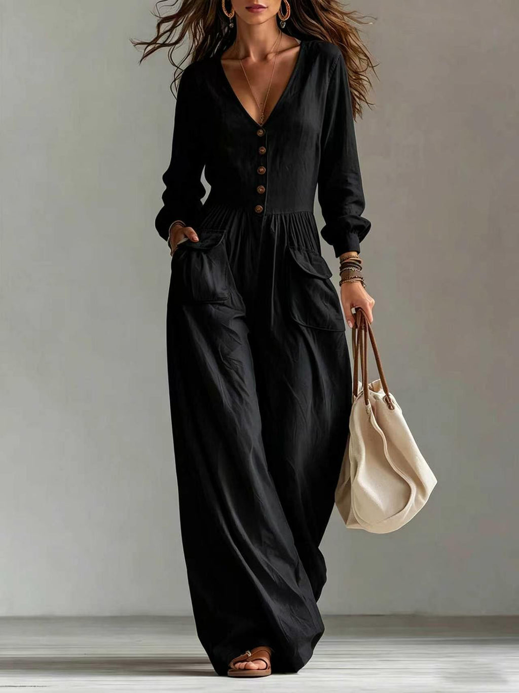 New Autumnwinter Casual Chic Womens V-neck Long-sleeve Jumpsuit With Pockets – Premium 0 | RICALOUX