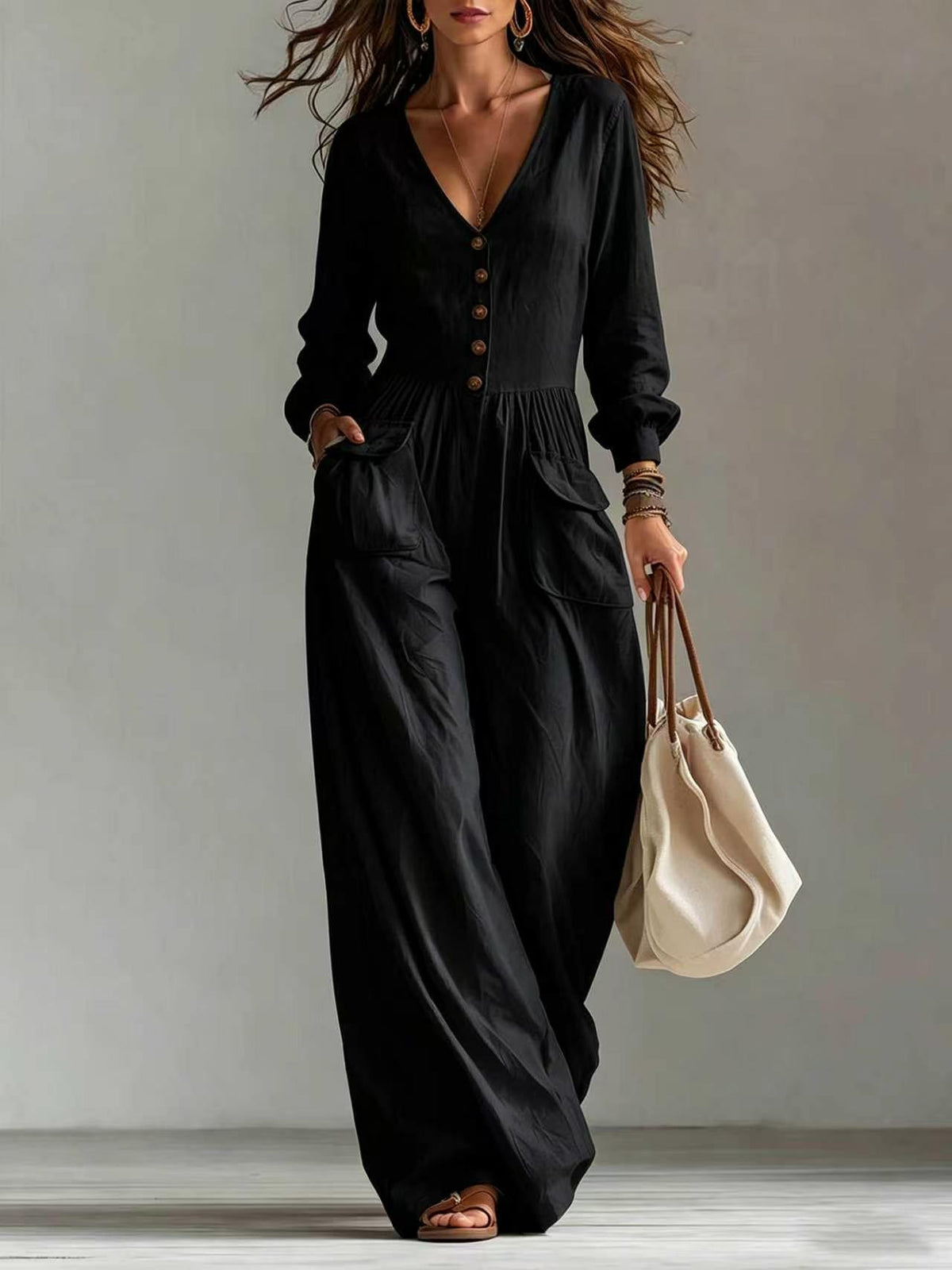 New Autumnwinter Casual Chic Womens V-neck Long-sleeve Jumpsuit With Pockets – Premium 0 | RICALOUX