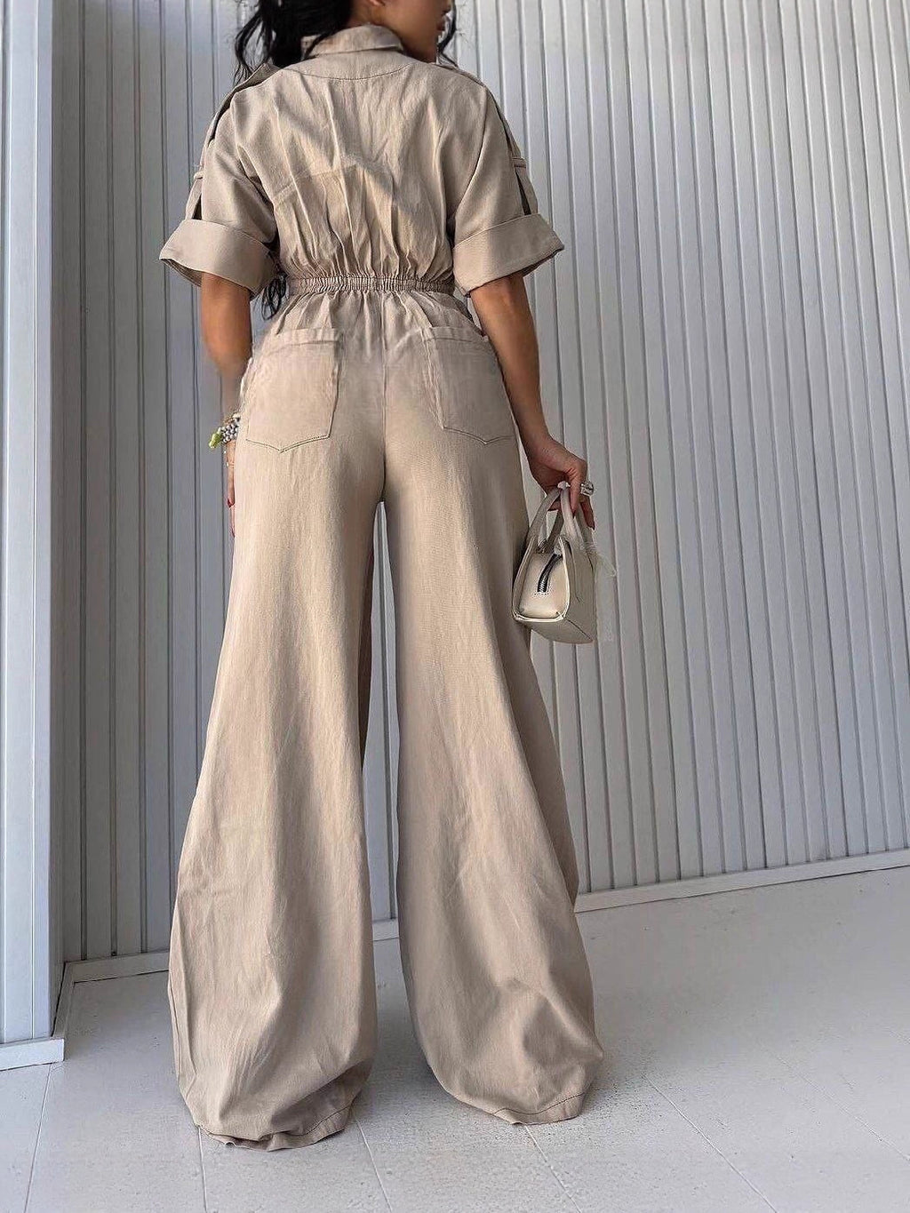 Waist-cinching Figure-flattering Wide-leg Overalls With A Lapel Collar by Ricaloux