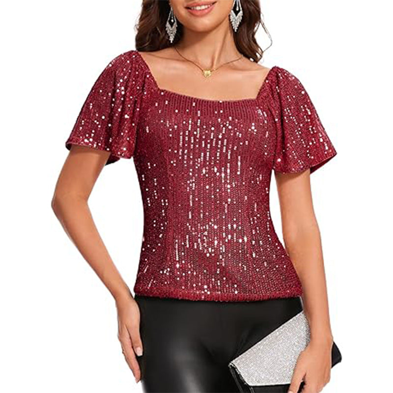 Womens Fashionable Square-neck Short-sleeve Sequin Puffed Sleeves – Premium 0 | RICALOUX