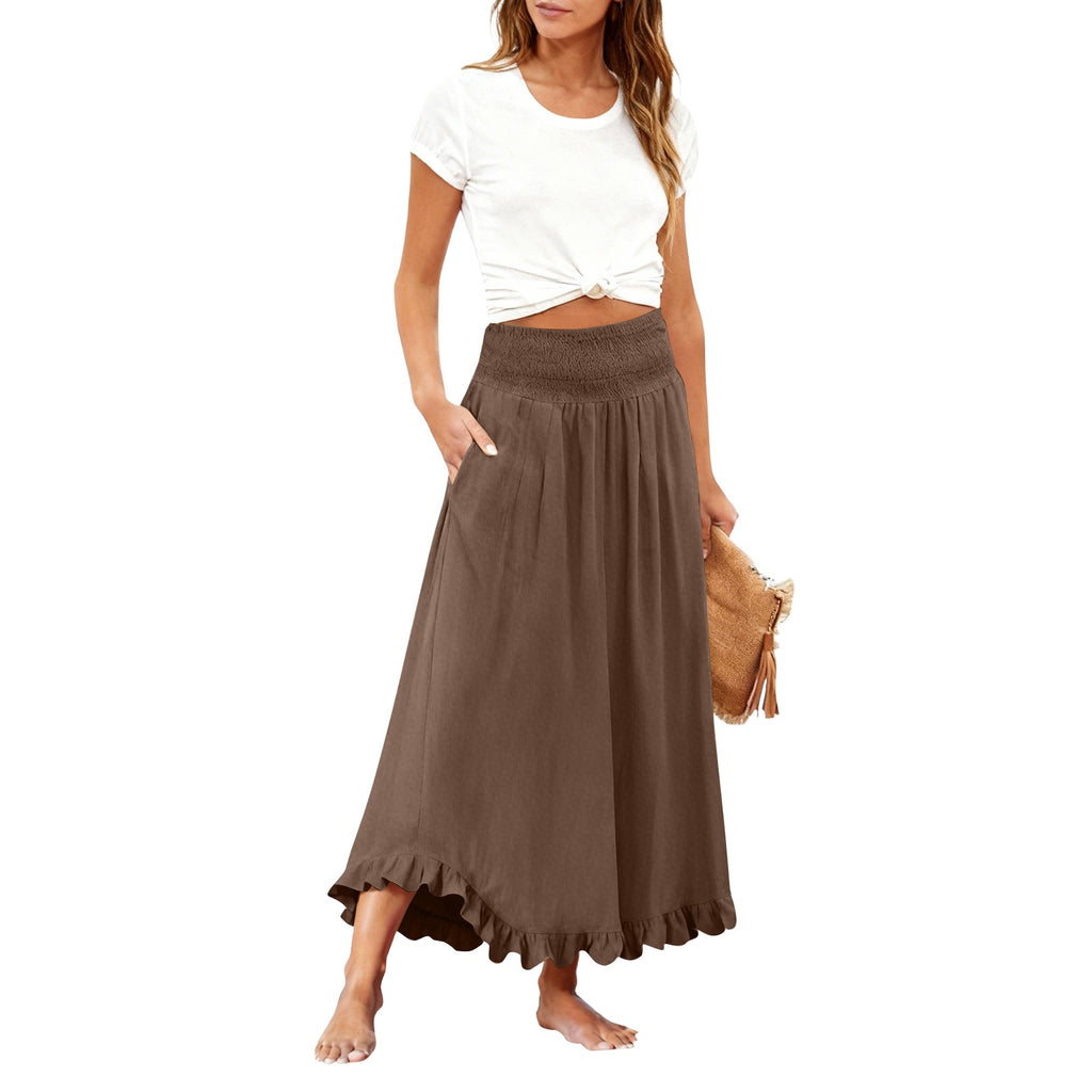 High-waisted Elastic-waist Long Skirt With Ruffled Hem by Ricaloux