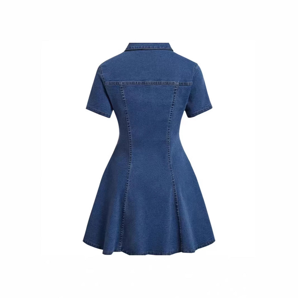 Denim Short-sleeve Cardigan Waist-cinching Dress – Premium 0 | RICALOUX