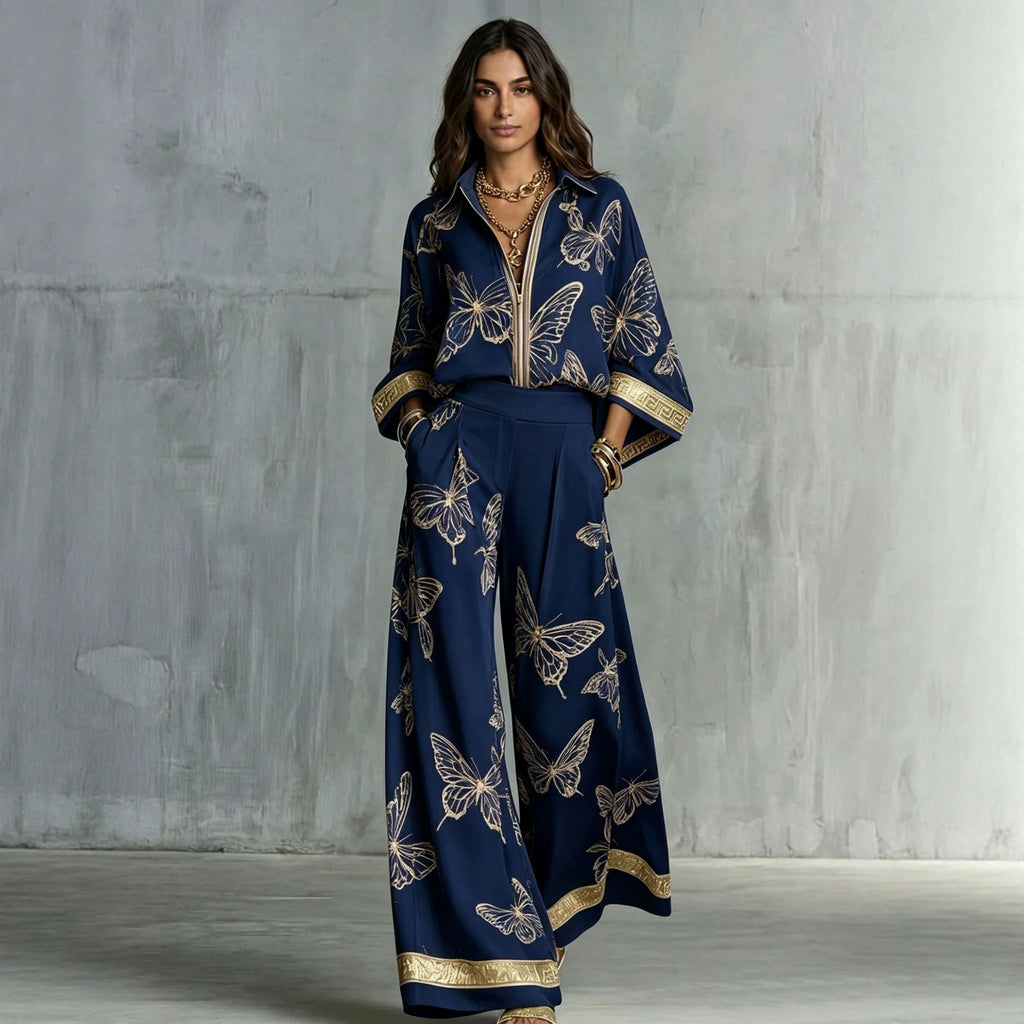 Womens Printed Loose-Fit Zip-Up Top And Wide-Leg Pants Two-Piece Set by Ricaloux