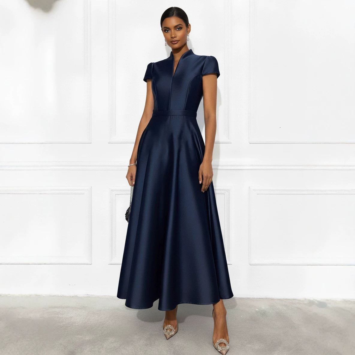 Solid-color Knitted Satin Short-sleeve Waist-cinching Swing Dress – Premium 0 | RICALOUX