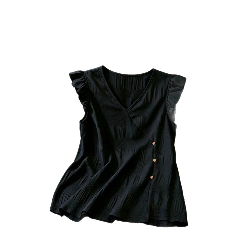 French-style V-neck, Fluttery Three-quarter Sleeves, Textured Top by Ricaloux