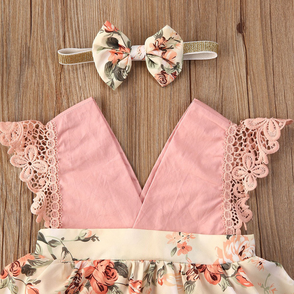 Girl Princess Clothes Baby Romper Girls Floral Lace V Neck Sleeveless Jumpsuit Newborn Headband Kid Outfits Summer Clothing - RICALOUX