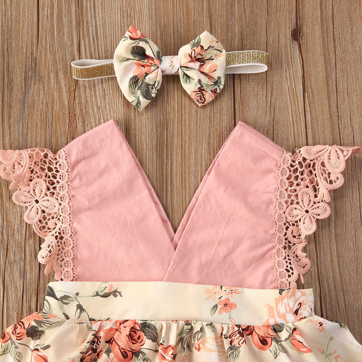 Girl Princess Clothes Baby Romper Girls Floral Lace V Neck Sleeveless Jumpsuit Newborn Headband Kid Outfits Summer Clothing - RICALOUX