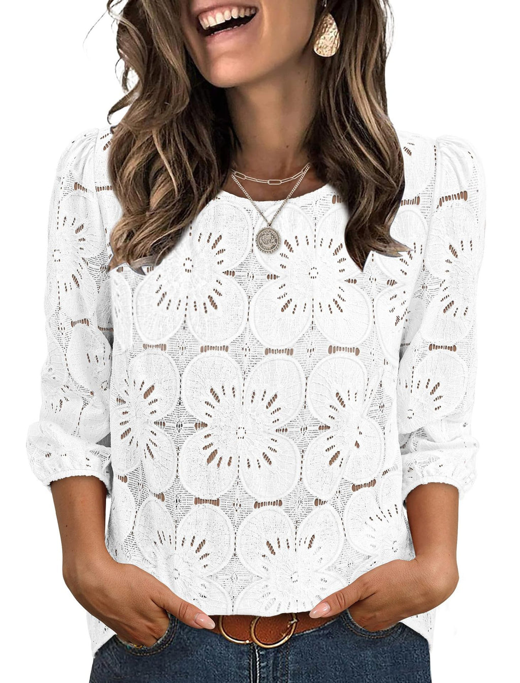 Womens Solid-color Casual Hollow-out Lace Three-quarter-sleeve Crew-neck Top – Premium 0 | RICALOUX