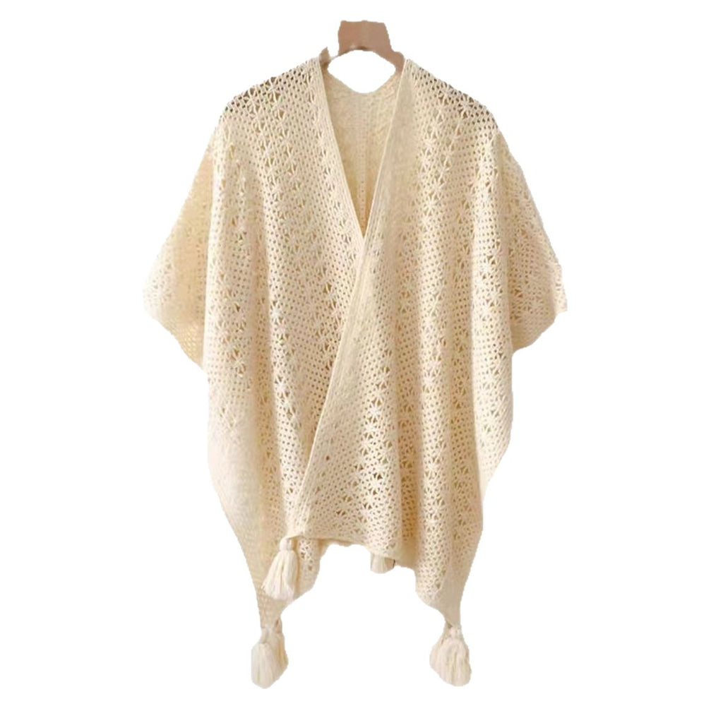 Womens Knitted Tassel-Trimmed Open-Front Cape For Photos – Premium 0 | RICALOUX