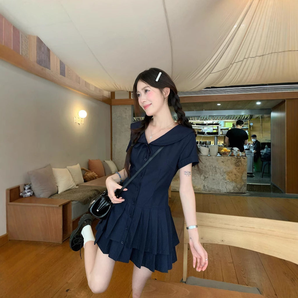 Navy Blue Doll-collar Short-sleeve Dress by Ricaloux