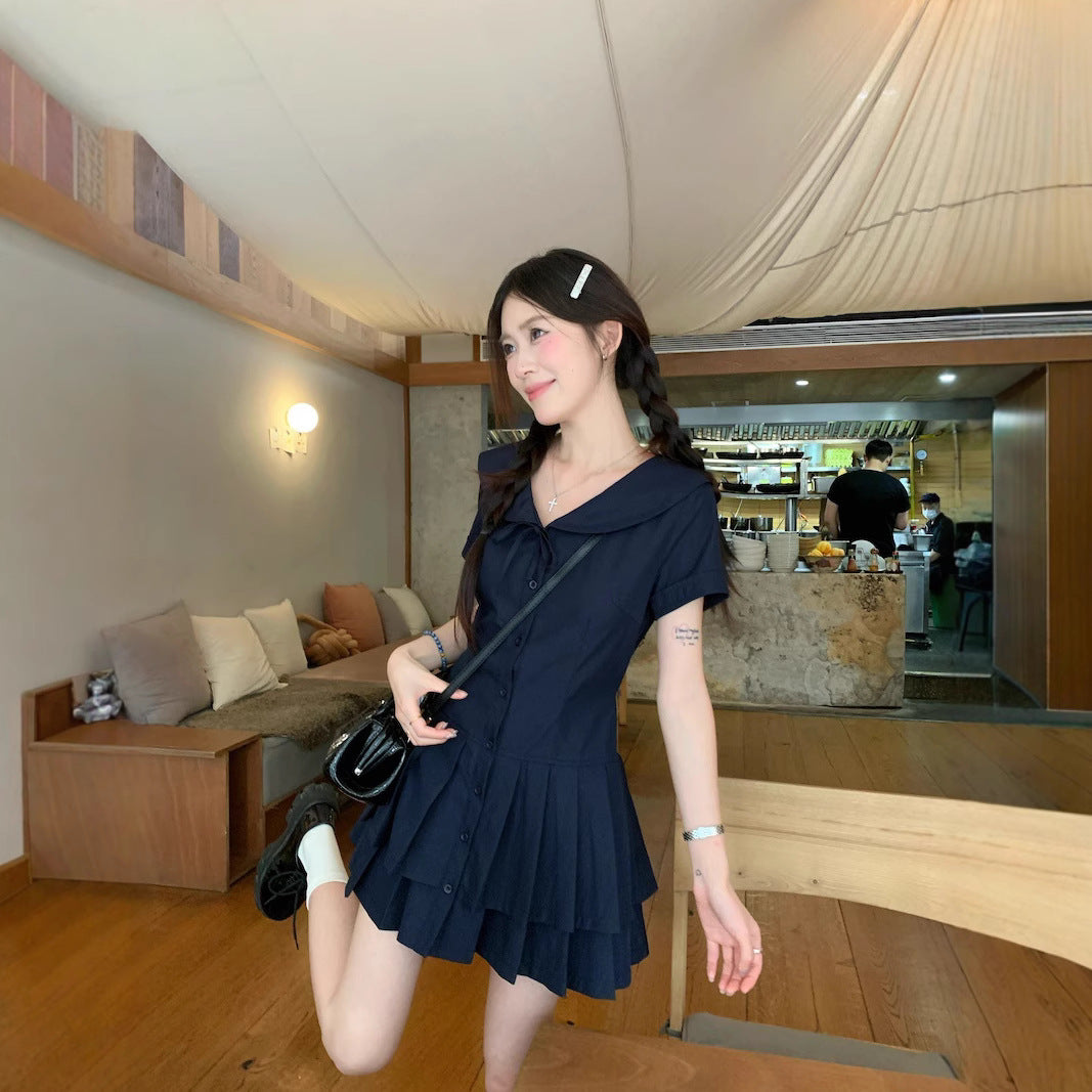 Navy Blue Doll-collar Short-sleeve Dress by Ricaloux