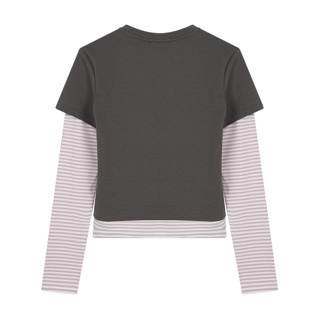 Fake Two-piece Striped Patchwork Long-sleeve T-shirt by Ricaloux
