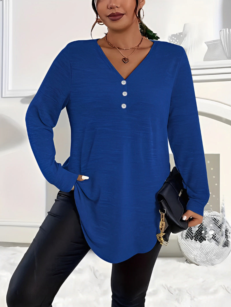 Womens Plus-Size Solid-Color Long-Sleeve Top With Buttons – Premium 0 | RICALOUX