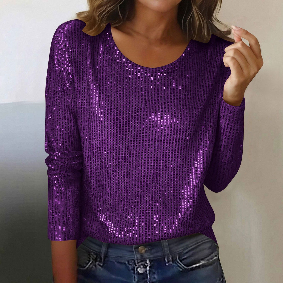 Womens Casual Sequined Crew-neck Long-sleeve Top by Ricaloux